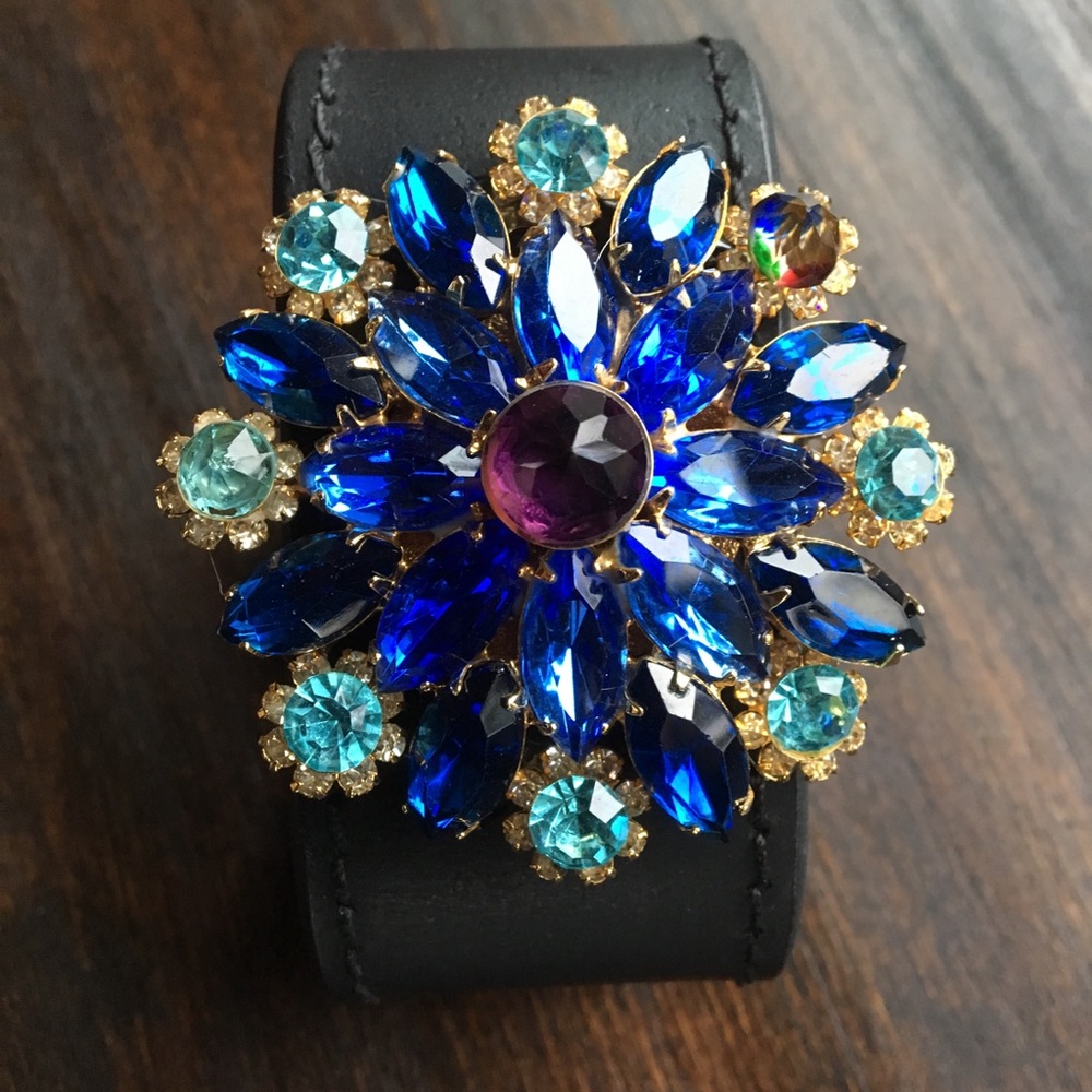 Vintage Custom brooches leather snap cuff